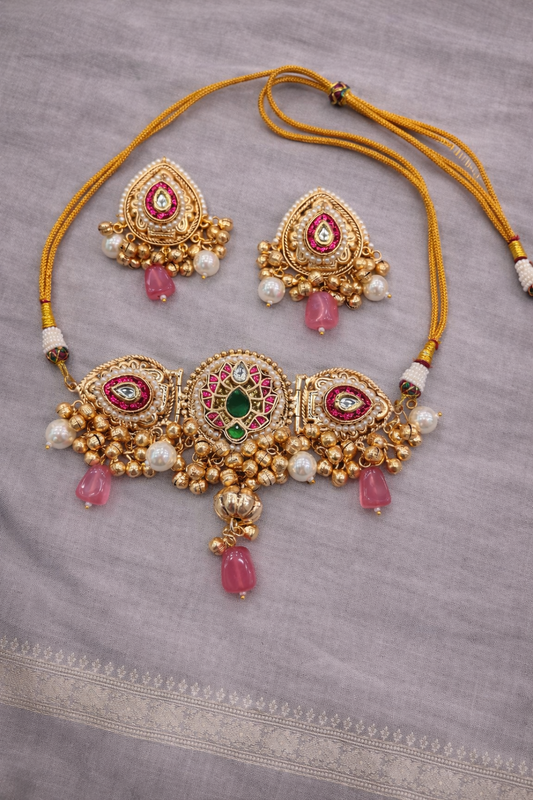 Fusion Gold-Tone Choker Necklace & Earring Set with Pink Stones & Pearls-G353000