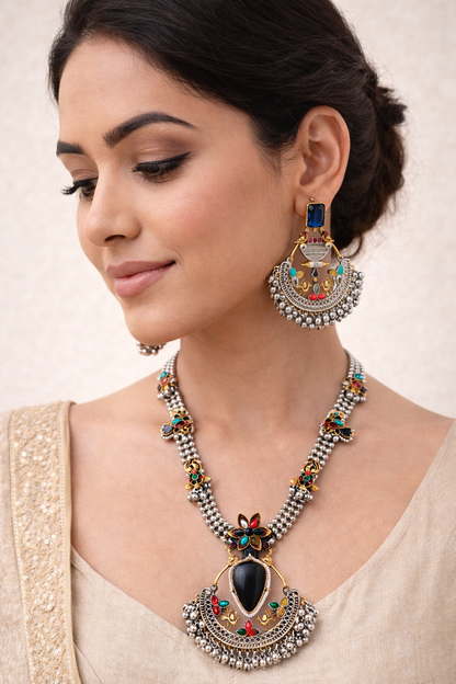 Oxidized Silver Navratri special Blue Stone Necklace Set-G353800