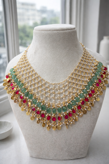 Multi-Layered Jadau and Pearl Choker with Gold Coin Drops