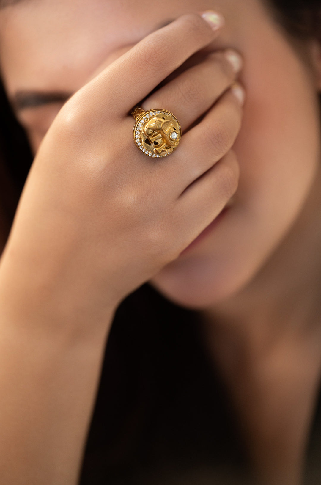 elephant motif Gold plated Mossainte Ring