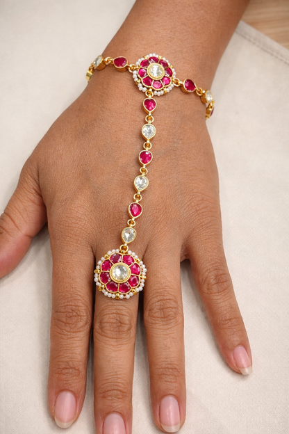Gold-Toned Hand Harness with Ruby & Pearl Accents-G351400