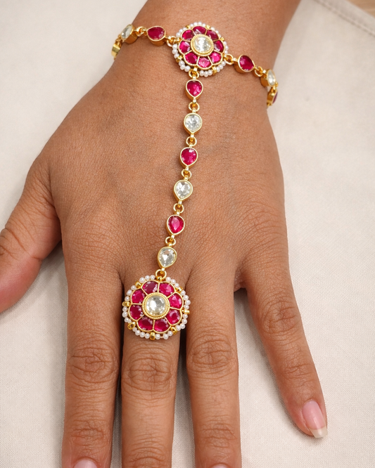 Gold-Toned Hand Harness with Ruby & Pearl Accents-G351400