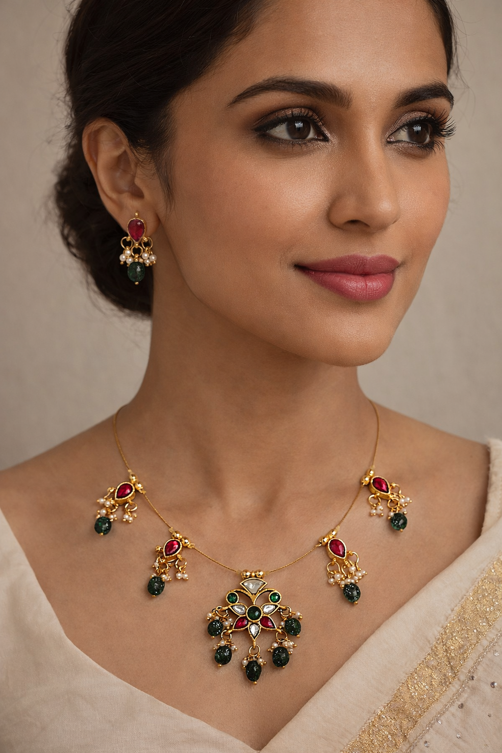 Elegant Invisible Set with Kemp Stones & Pearl Drops