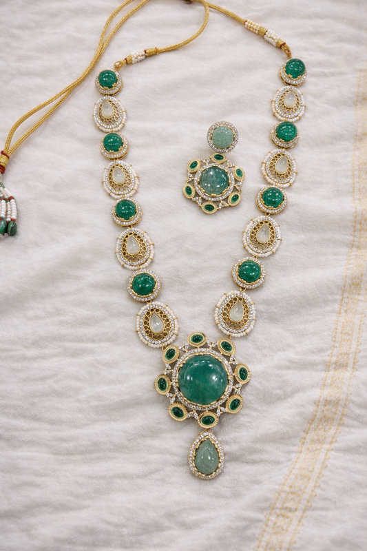Sabyasachi Inspired Emerald & Kundan Polki Necklace Set-G354600