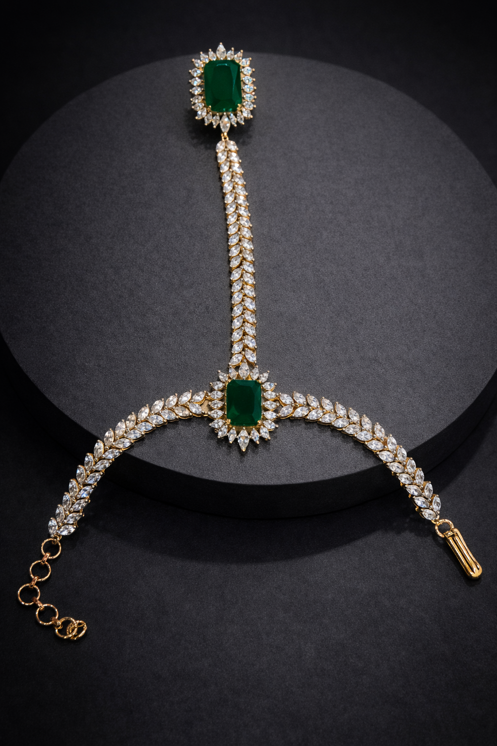 Emerald & Diamond Look Hand Harness Bracelet Ring-G352800