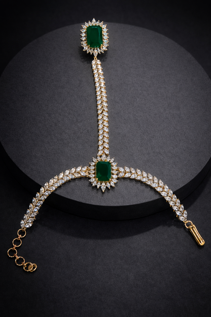Emerald & Diamond Look Hand Harness Bracelet Ring-G352800