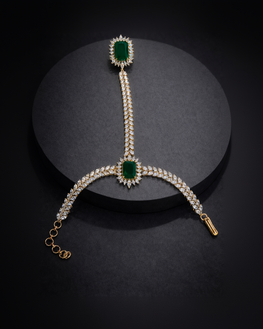 Emerald & Diamond Look Hand Harness Bracelet Ring-G352800