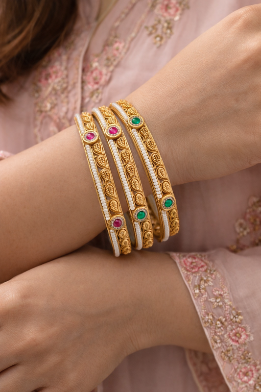 Gold Plated Leaf Motif Bangle Set