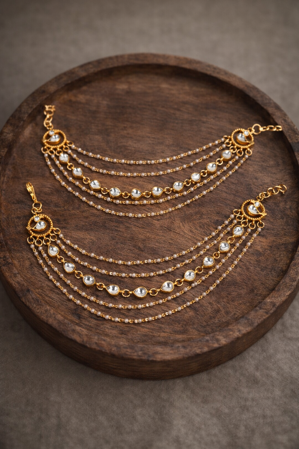 Gold-Plated Kundan & Pearl Multi-Layered Ear Chain