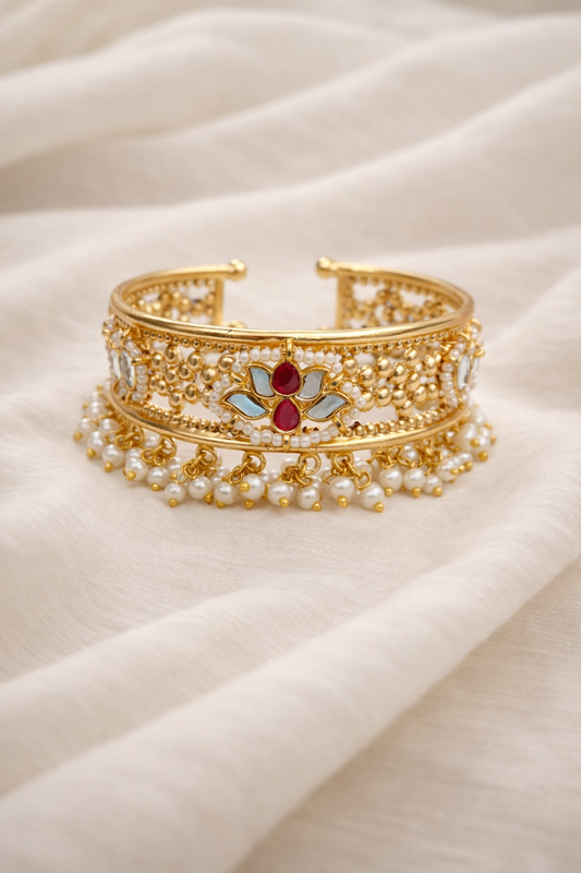 Aarvi Pearl & Gold Fusion Kada Bracelet