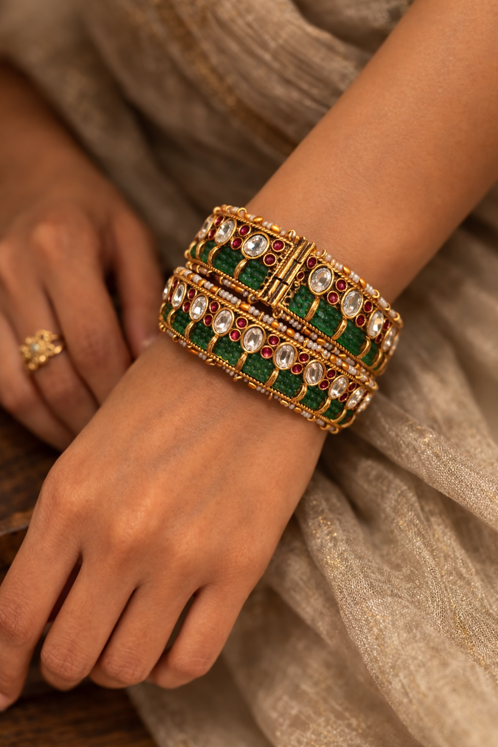 Pachi Kundan Jadau Heritage Bangles(Set of 2)