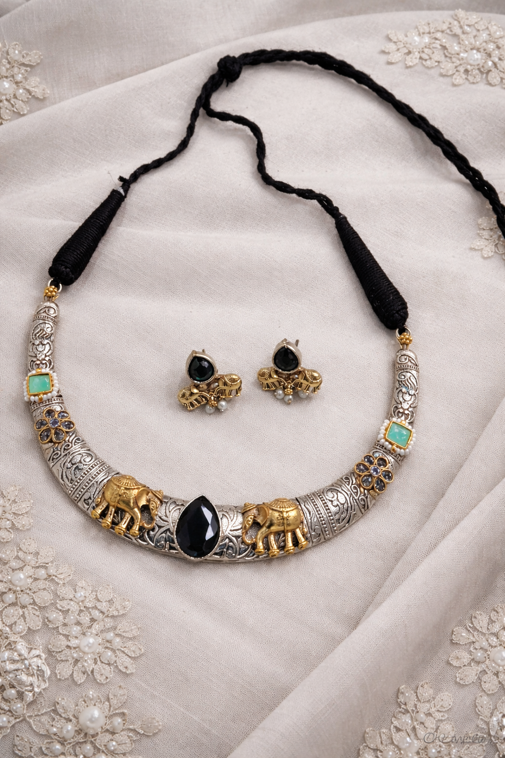 Oxidised Silver Dual-Tone Antique Haasil Necklace Set-G351500