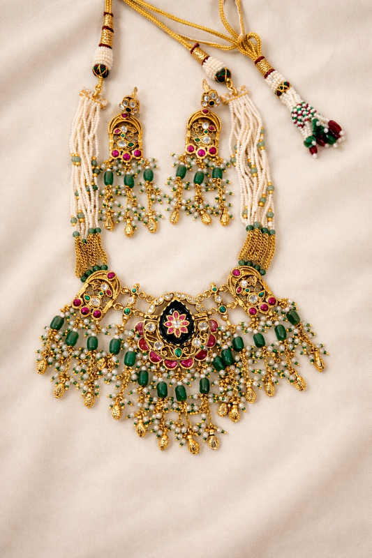 Exquisite Pachi Kundan Pearl & Green Bead Bridal Necklace Set with Earrings