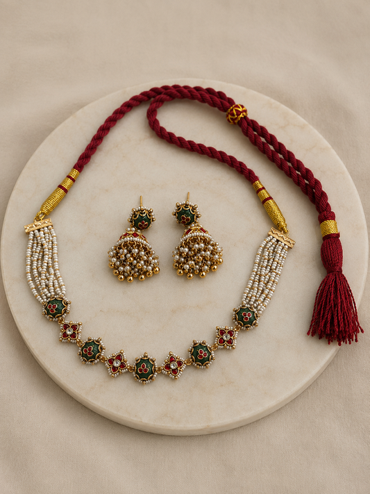 Jadau Kundan & Emerald Pearl Choker Set-G356200