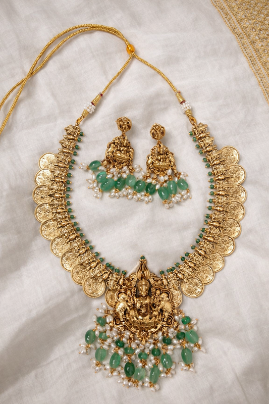 Lakshmi Peacock Coin Necklace Set with Mint Green Beads & Pearls