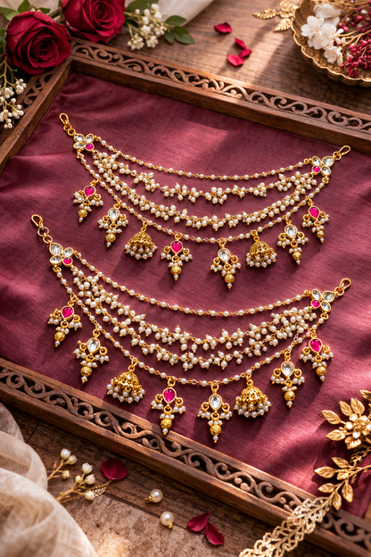 Pink Jadau Pearl and Jummar Hanging Earchain