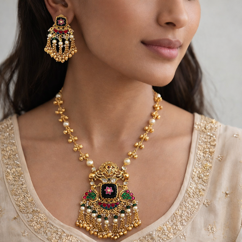 Heritage Style Kundan & Pearl Long Necklace Set with Matching Earrings-G356700