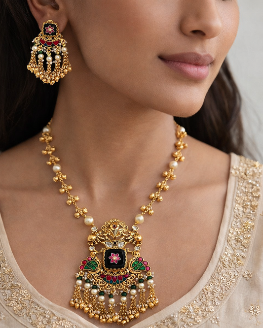 Heritage Style Kundan & Pearl Long Necklace Set with Matching Earrings-G356700