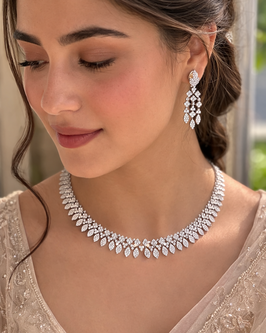 American Diamond Leaf Motif Necklace Set-G352800