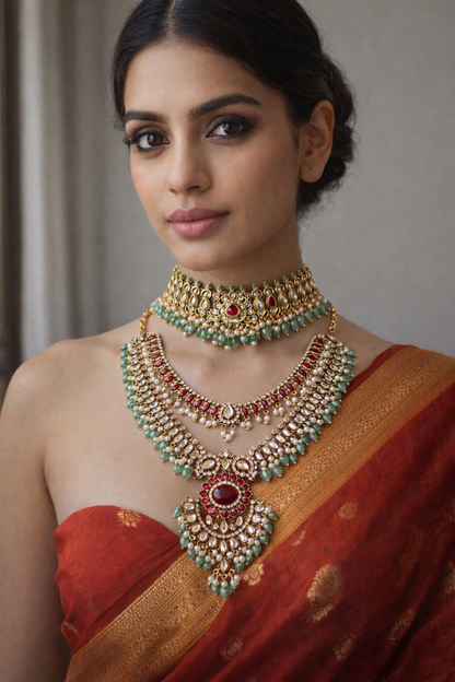 Combo Kundan Polki Bridal choker and Long Necklace Set