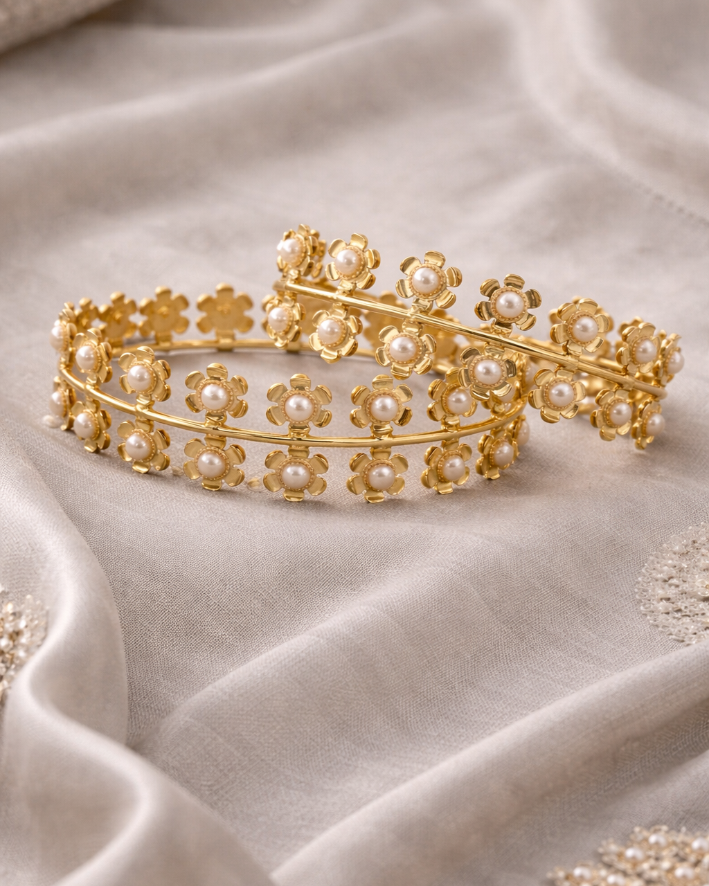 Fusion Pearl & Gold Plated Floral Bangles (Set of 2)-G351000
