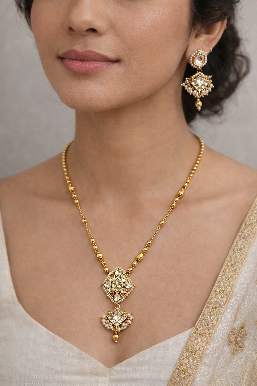 Exquisite Kundan Polki & Pearl Pendant Set