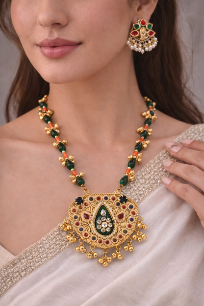 Fusion Green & Gold Kundan Style Necklace Set-G353300