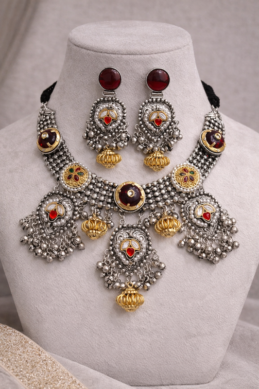 Oxidized Silver Choker Necklace Set-G352000
