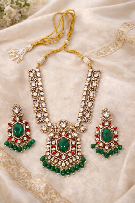 Semi-precious Emerald Mossainite Statement Necklace Set