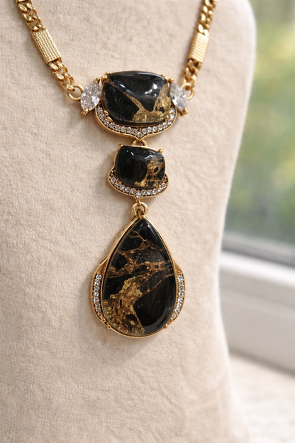 Marbled Black Stone Gold-Tone Pendant Set