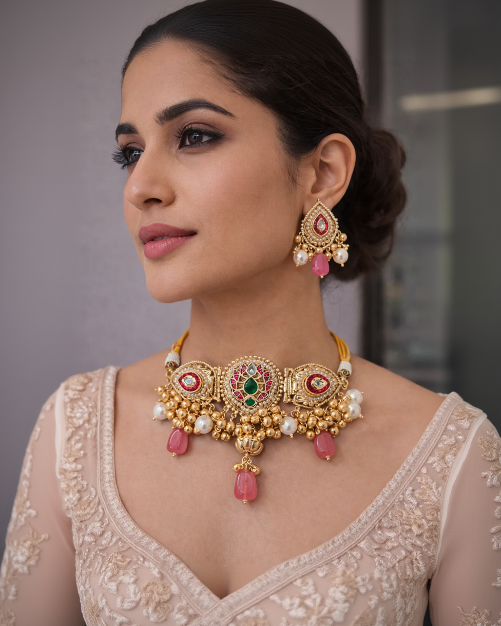 Fusion Gold-Tone Choker Necklace & Earring Set with Pink Stones & Pearls-G353000