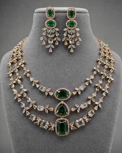 Victorian Emerald & Diamond Replica Statement Necklace Set-G353800