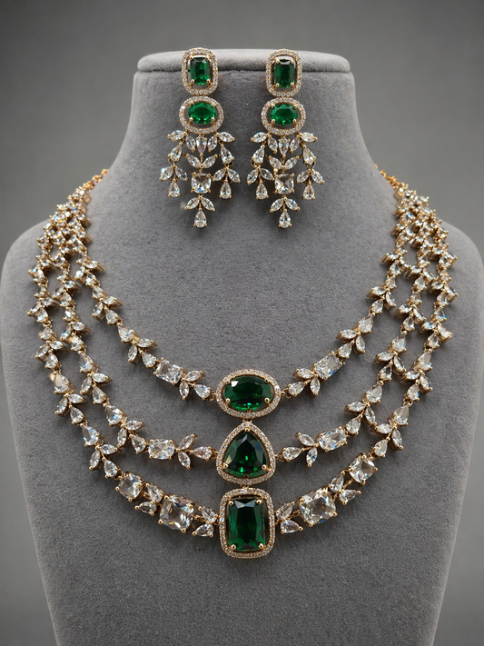 Victorian Emerald & Diamond Replica Statement Necklace Set-G353800