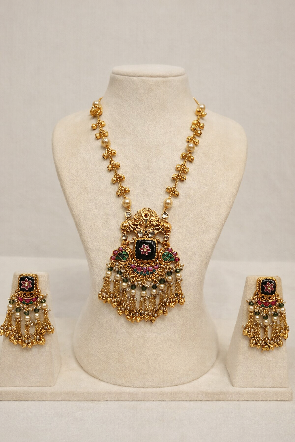 Heritage Style Kundan & Pearl Long Necklace Set with Matching Earrings-G356700
