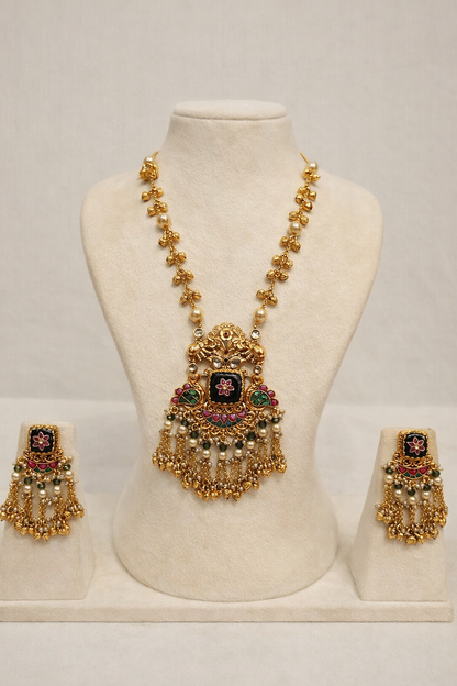 Heritage Style Kundan & Pearl Long Necklace Set with Matching Earrings-G356700