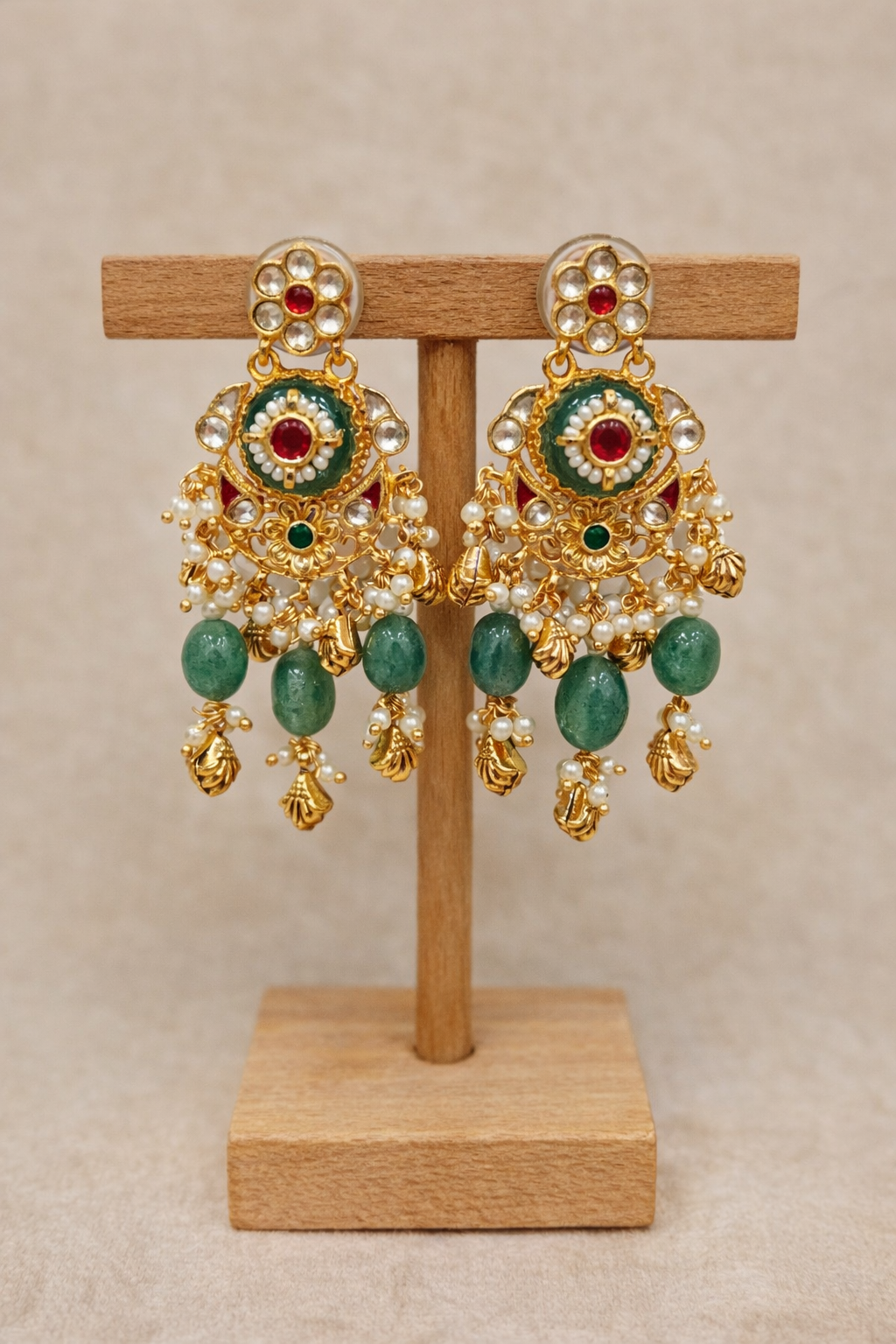 Green Kundan & Pearl Gold Plated Bridal Necklace Set