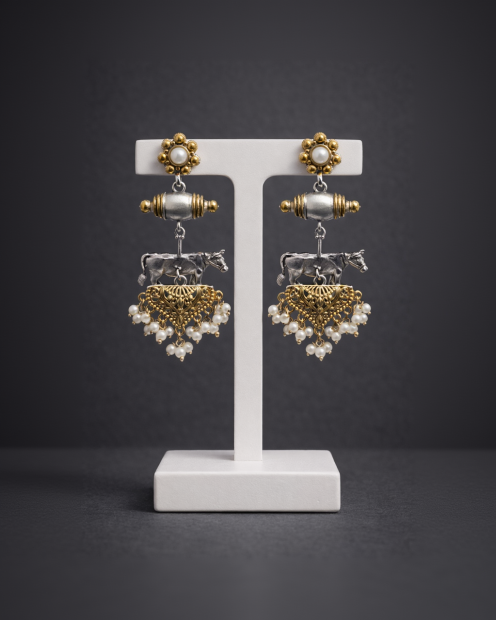 German Silver and Gold Tone Cow Motif Jhumka Earrings-G351300