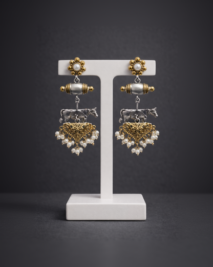 German Silver and Gold Tone Cow Motif Jhumka Earrings-G351300
