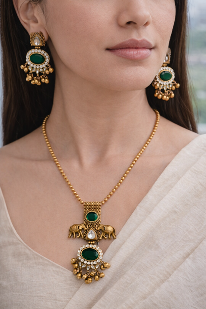 Emerald Elegance" Elephant Motif Gold-Toned Pendent Set-G351500