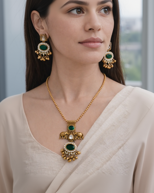 Emerald Elegance" Elephant Motif Gold-Toned Pendent Set-G351500