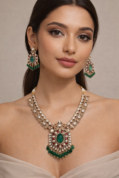 Semi-precious Emerald Mossainite Statement Necklace Set