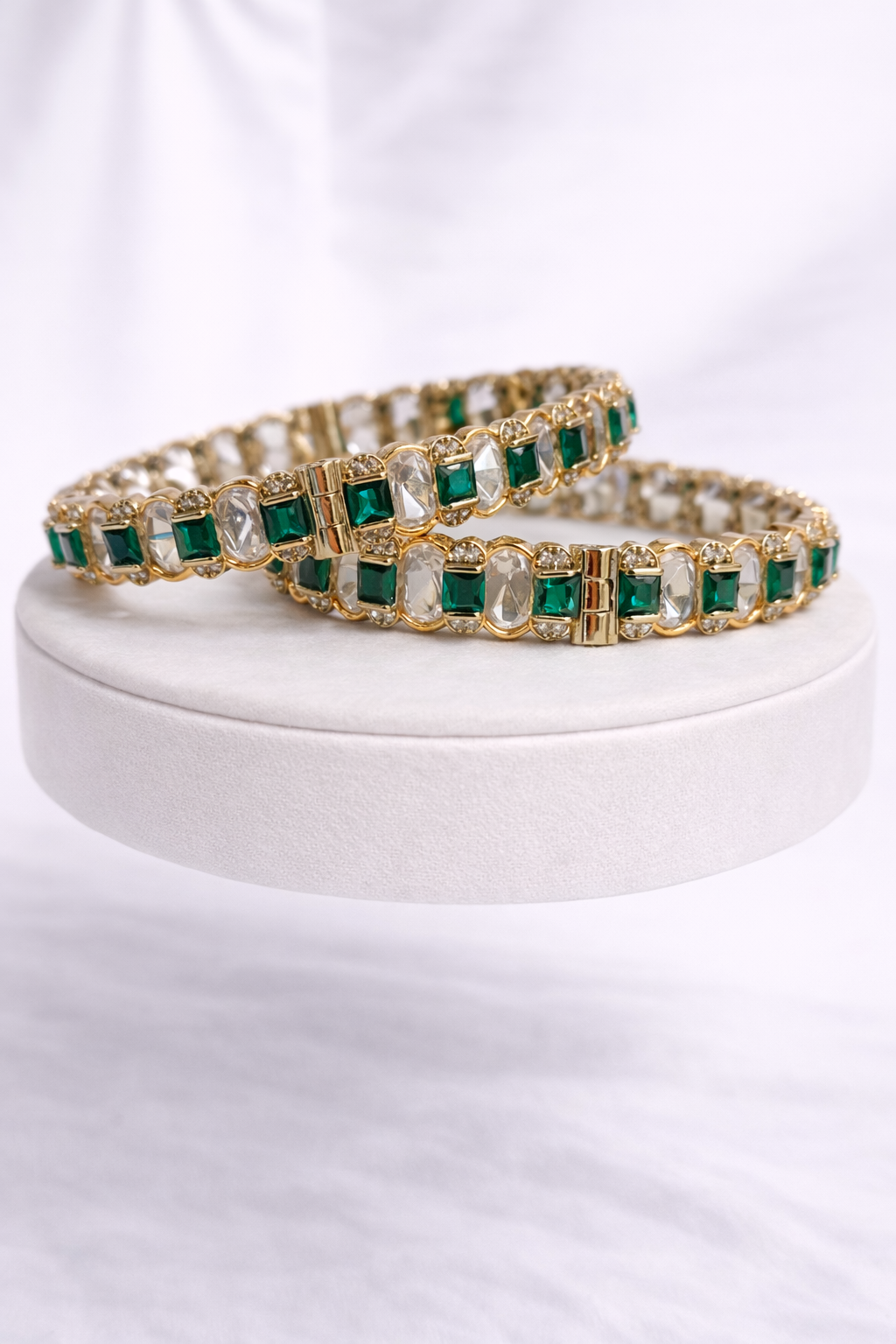 Emerald Green & Clear Stone Gold-Plated Bangle Set(Set of 2)