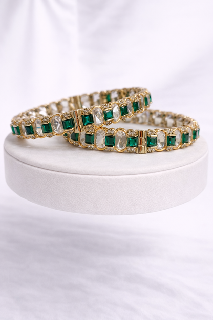 Emerald Green & Clear Stone Gold-Plated Bangle Set(Set of 2)