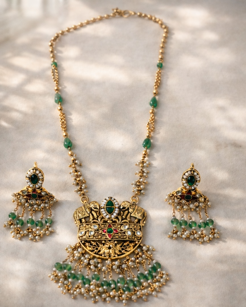 Regal Gold & Green Kundan Elephant Motif Long Necklace Set with Earrings