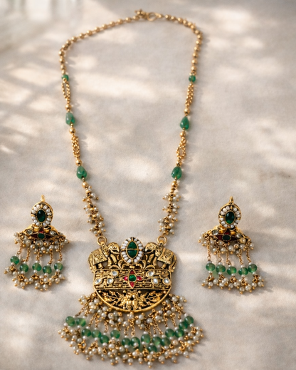 Regal Gold & Green Kundan Elephant Motif Long Necklace Set with Earrings