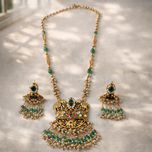 Regal Gold & Green Kundan Elephant Motif Long Necklace Set with Earrings