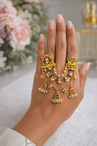 Pachhi kundan double finger Ring