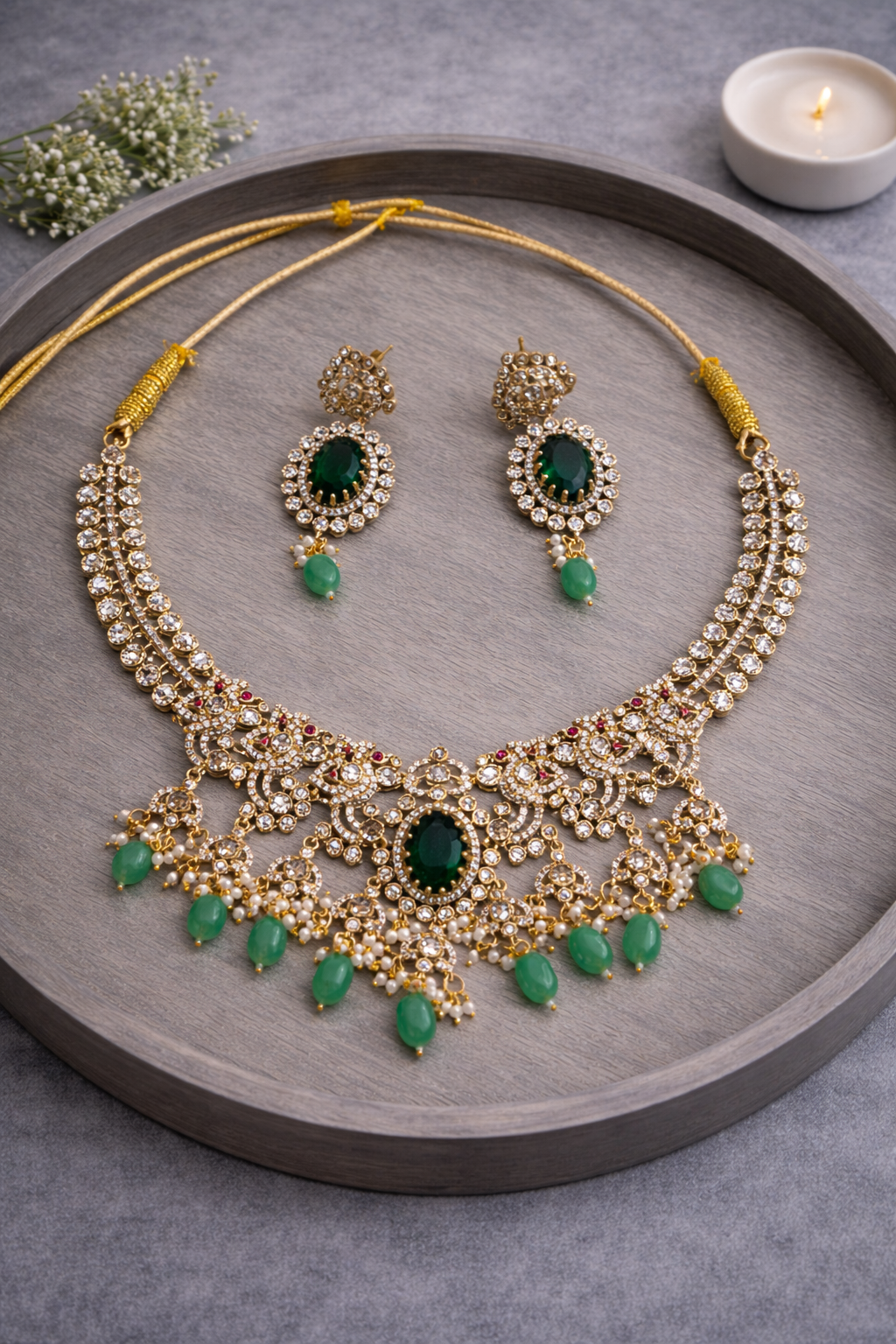 Floral Waterdrop American Diamond Necklace Set