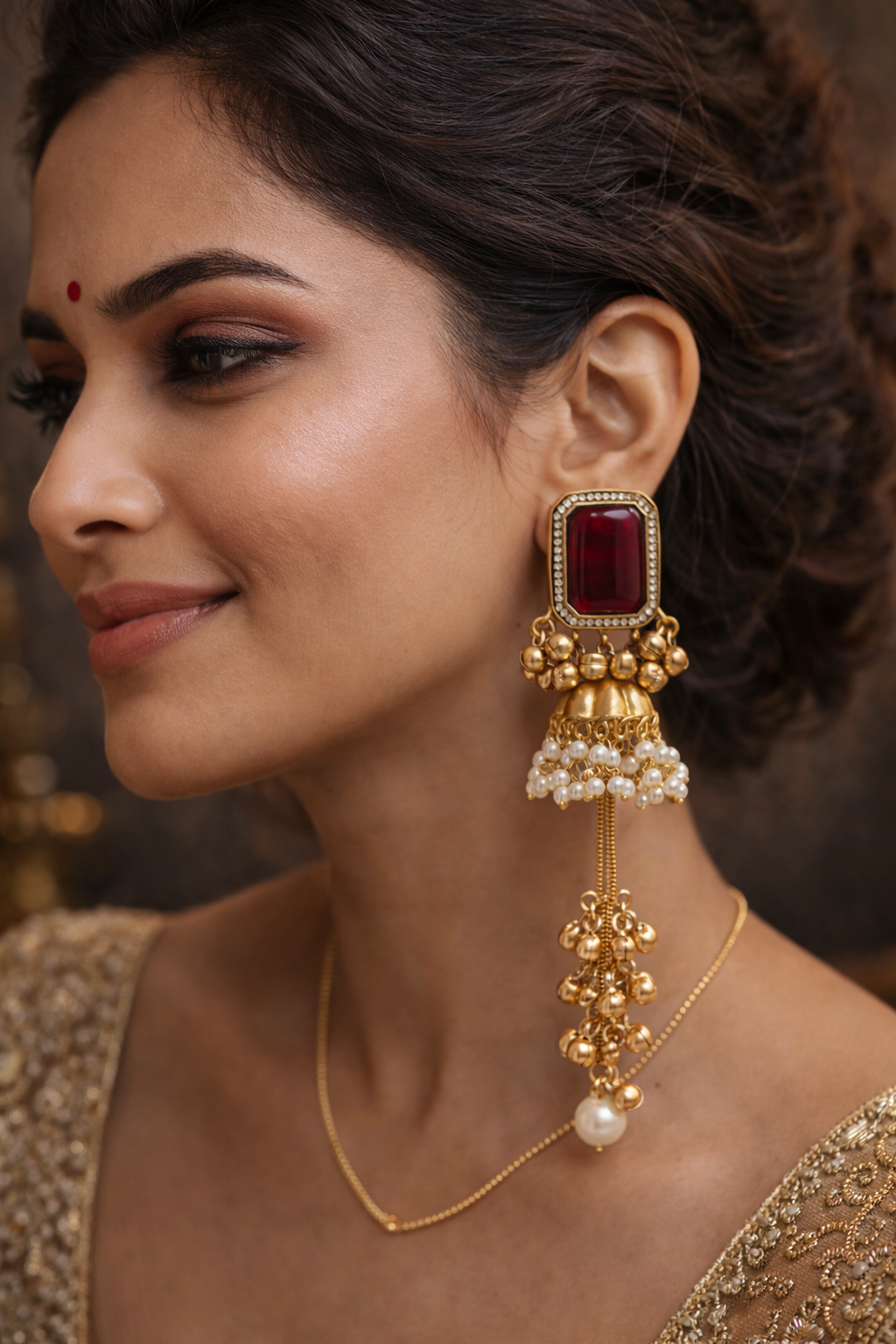 Regal Red Kundan Jhumka Earrings with Pearl Drops Earings-G351500