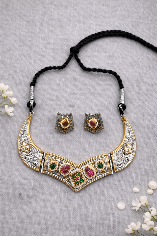 Oxidized Silver & Kundan & Pearl Studded Choker Necklace Set-G352400
